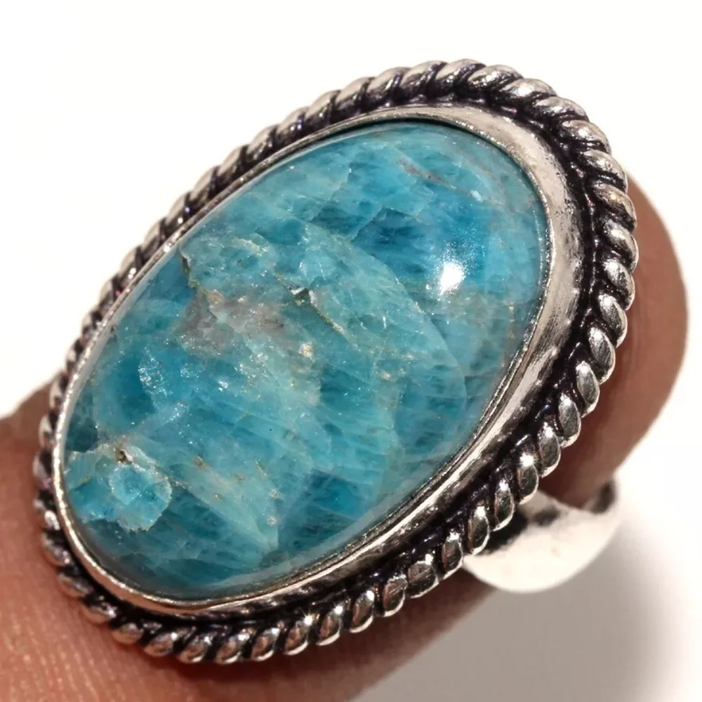 Blue Apatite 925 Silver Plate Natural Gemstone Ring US Size 6.5